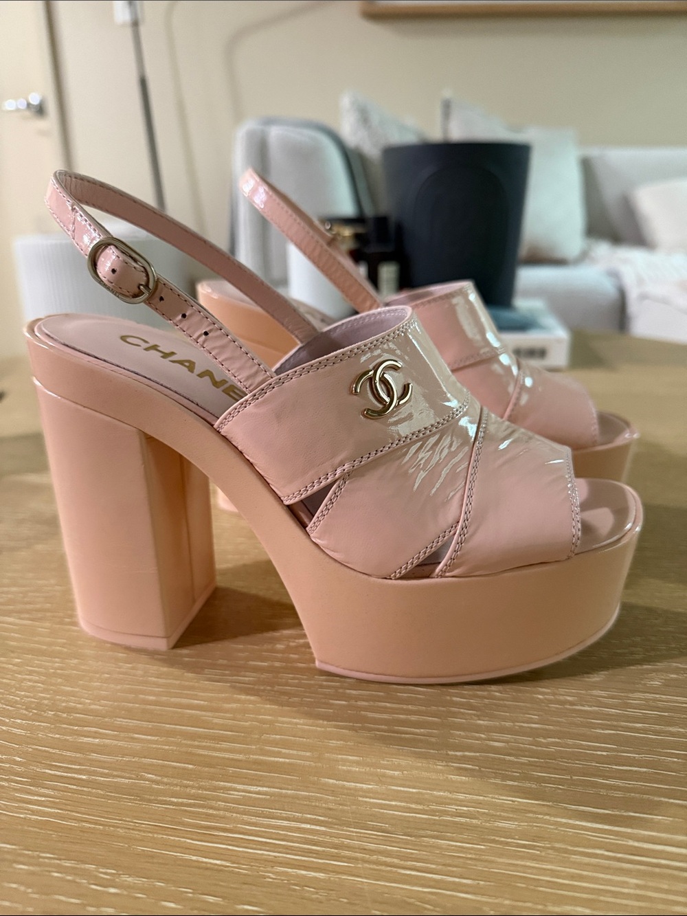 CHANEL Blush Pink Patent Leather Platform Slingback Sandals (Authentic)
